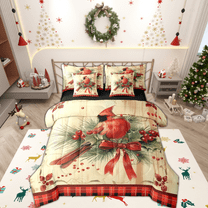 Manfei Red Cardinals Berry 7-Piece Twin Bedding Sets,Cute Bowtie Bow Bedding Comforter Set,Merry Christmas Sheet Sets For Girls,Ultra Soft Home Decor Reversible