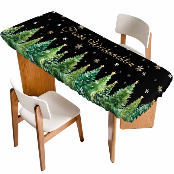 Black Christmas Table Cloths for 8 Foot Rectangle Tables, Winter Xmas Trees Snowflake Holiday Patio Waterproof Elastic Fitted Tablecloths, Washable Rectangular Table Cover for Camping