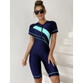 thumbnail image 3 of Womens Short Sleeve Swim Bodysuits One Piece Athletic Training Swimwear Knee Length Zip Front Rash Guard UV Sun Protection Floral Printed Beach Bodysuit Surfsuit Built in Bra, 3 of 6