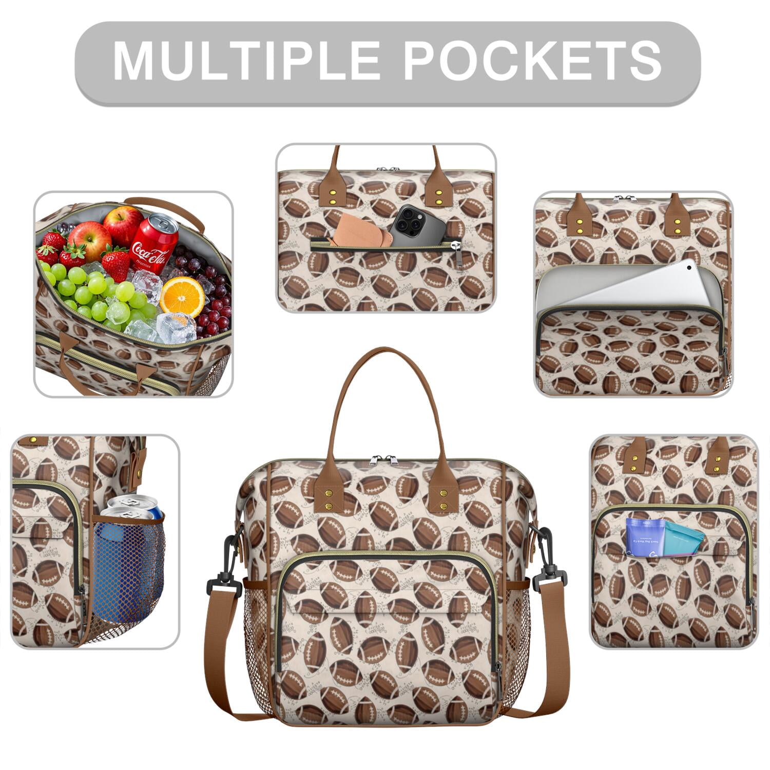 Brown Footballs on Beige Pattern Womens Lunch Box for Work,Insulated Large Lunch Bag for Tween and Teen,Loncheras Para Mujer,Leakproof Adult Lunch Bag for Work,Beach,Travel,Picnic,Camping