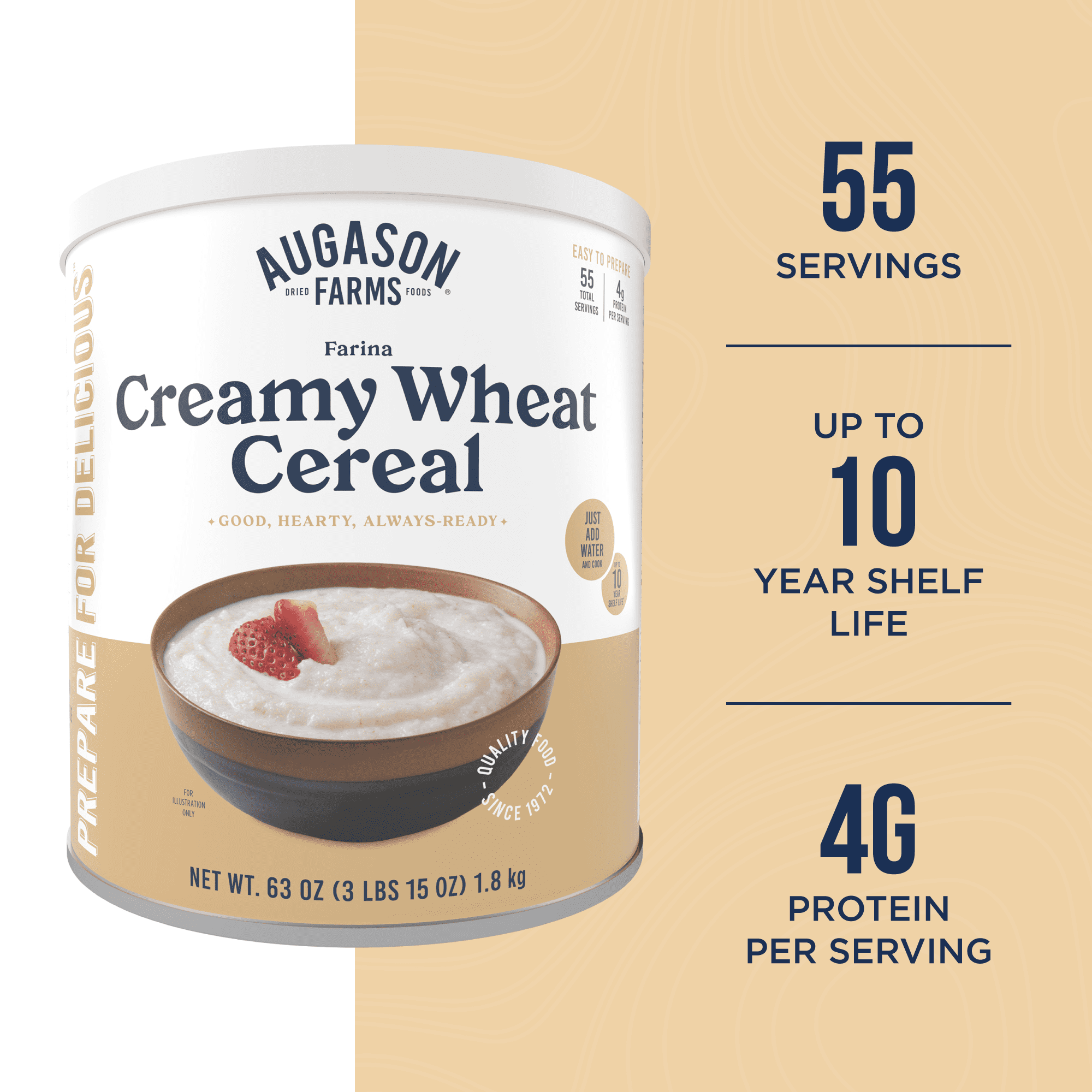 Augason Farms Creamy Wheat Cereal Can Emergency Food Supply, 55 Servings, 10 Year Shelf Life - Instant Breakfast Food and Healthy Snack
