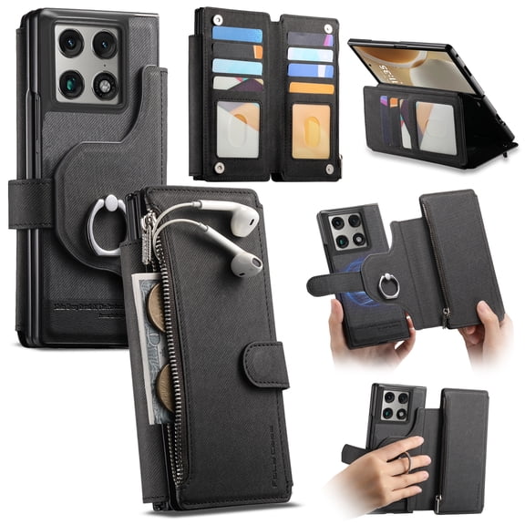 Corliven for Moto Razr Fold Case, PU Leather Flip Wallet Cover with Card Holder & Cash Slot, Magnetic Shockproof Protective Case with Ring Holder, Black
