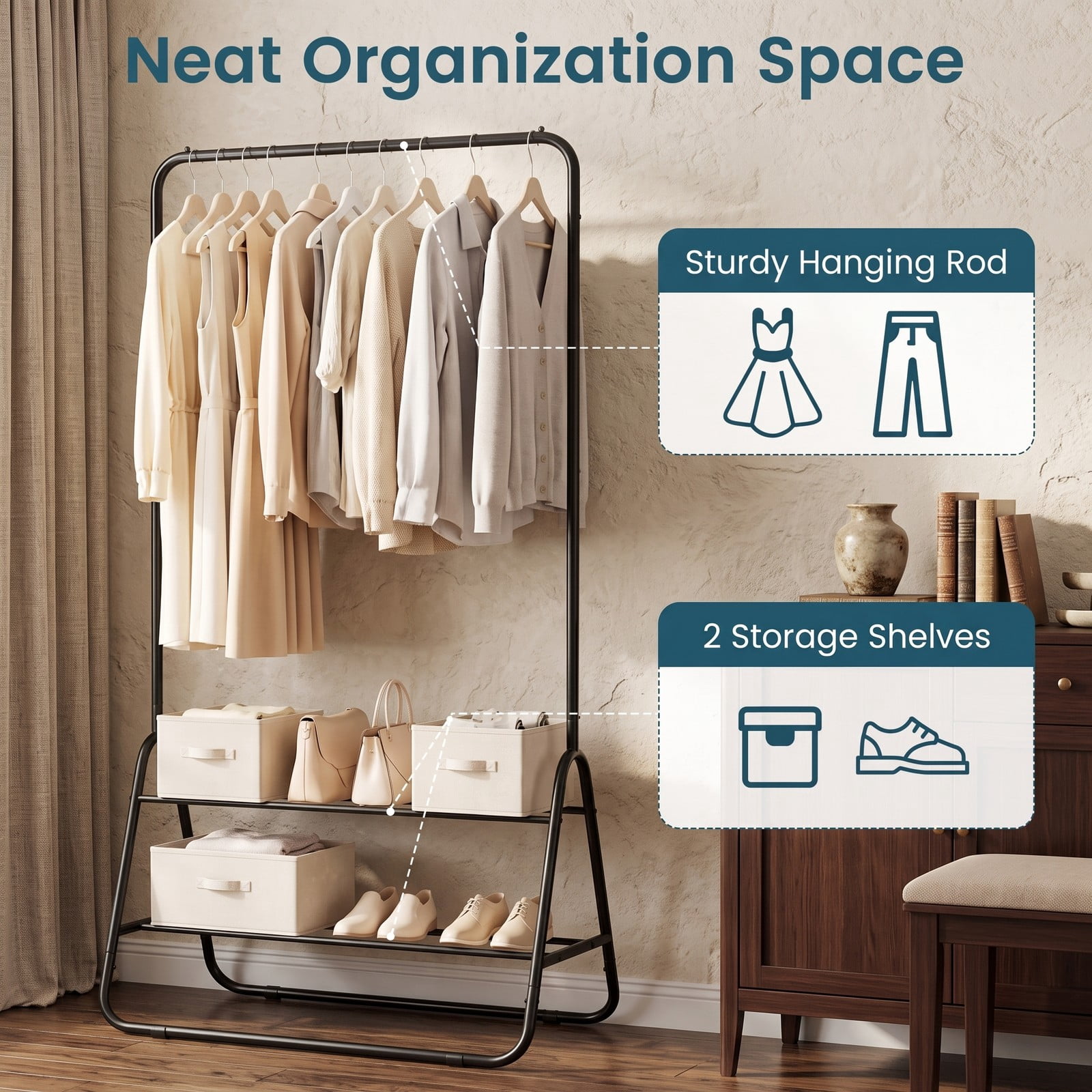 Furnibear Heavy Duty Metal Clothes Rack with Hanging Rod and 2 Storage Shelves for Bedroom Laundry Room and Hallway, Black