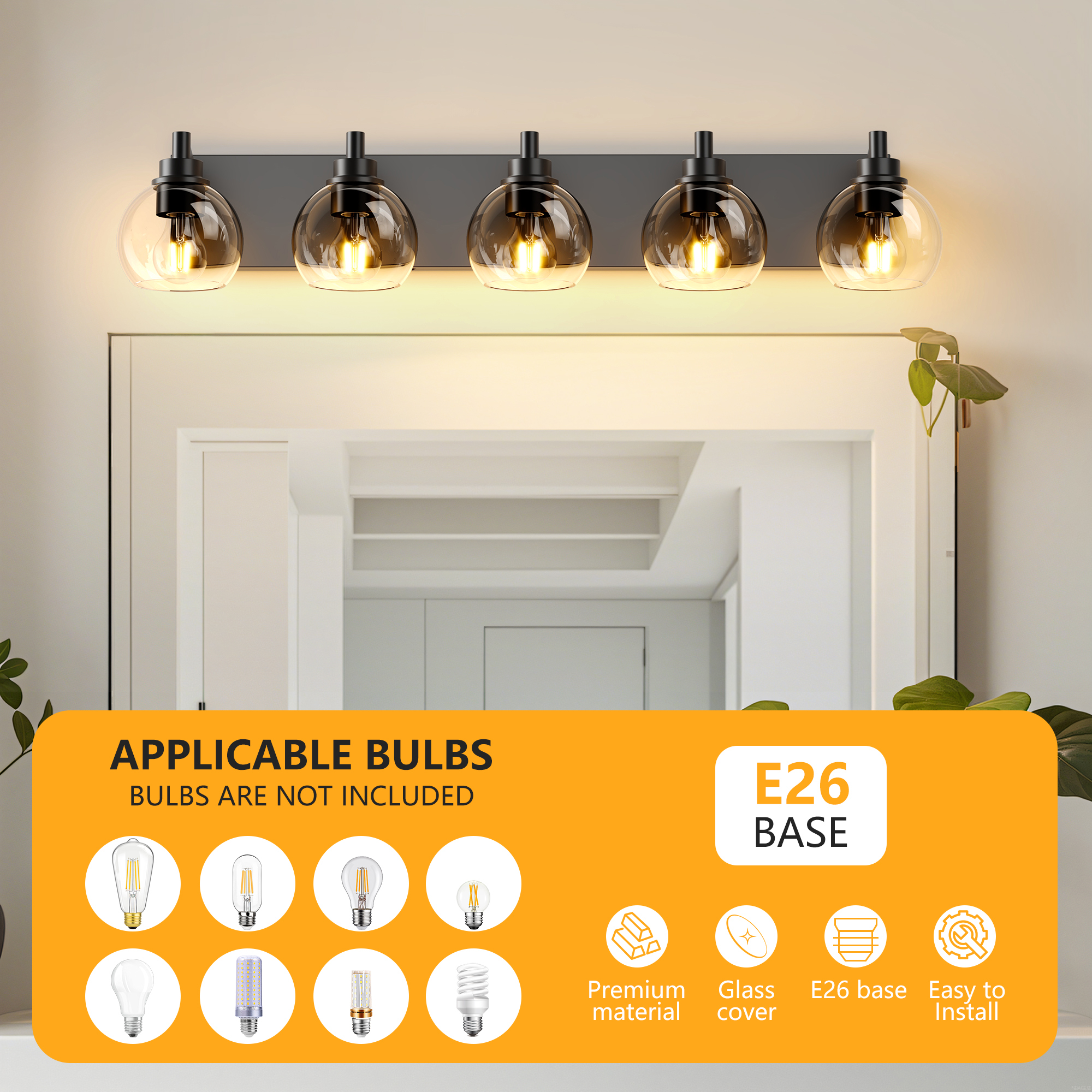 Leumius Farmhouse Bathroom Vanity Light Fixtures, 5-Light Bathroom Light Fixtures Over Mirror, Rustic Sconces Wall Lighting with Glass Shade for Living Room, Bedroom, Hallway