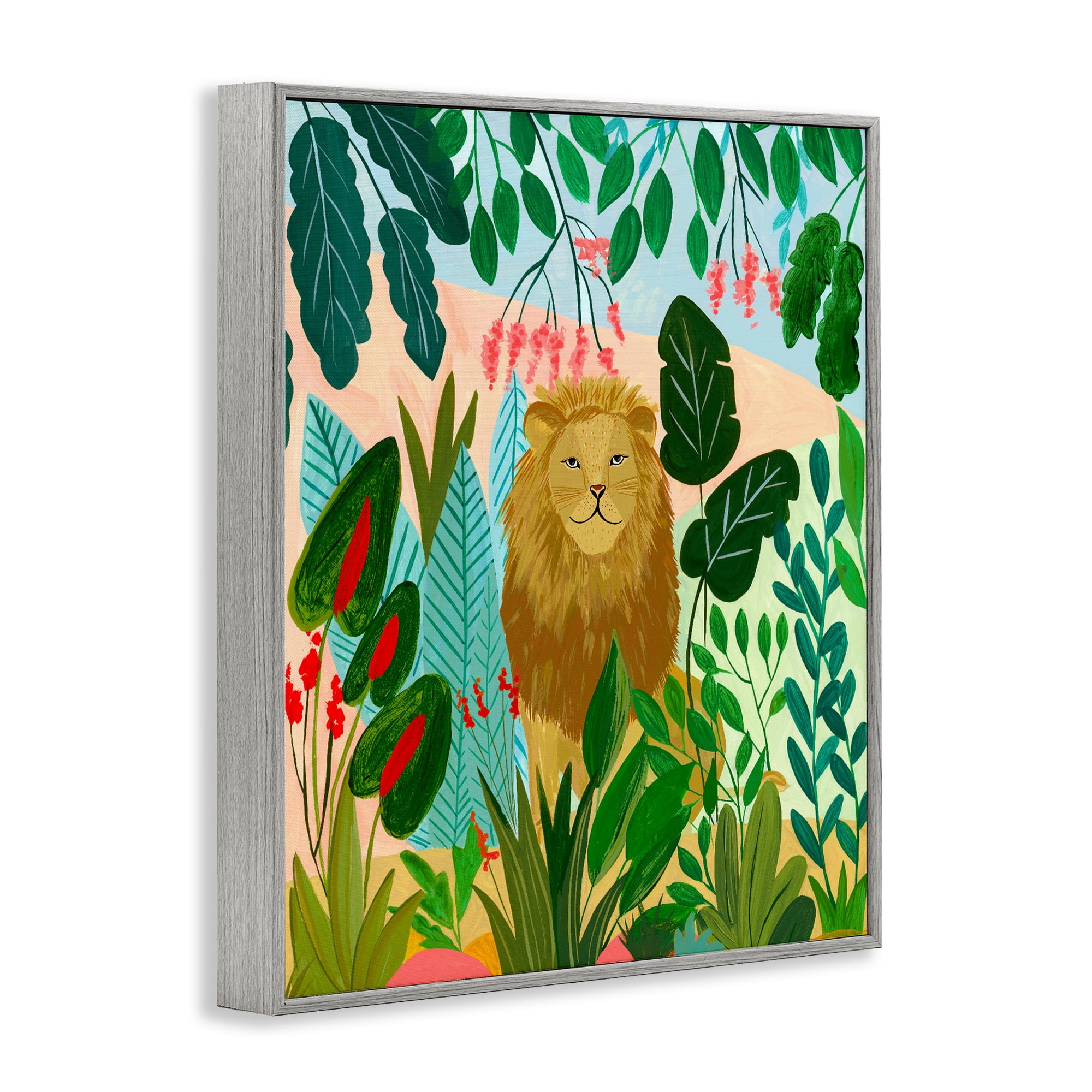 Stoic Lion Tropical Forest Gray Framed Giclee Art, design by Nabeela Rumi