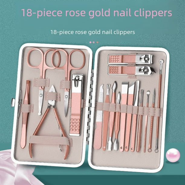 Juego de cortaúñas de acero inoxidable en oro rosa, juego de 7 cortaúñas, tijeras de manicura, herramientas para uñas