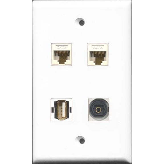 RiteAV 1 Port USB A-A and 1 Port Toslink 2 Port Cat6 Ethernet White Wall Plate