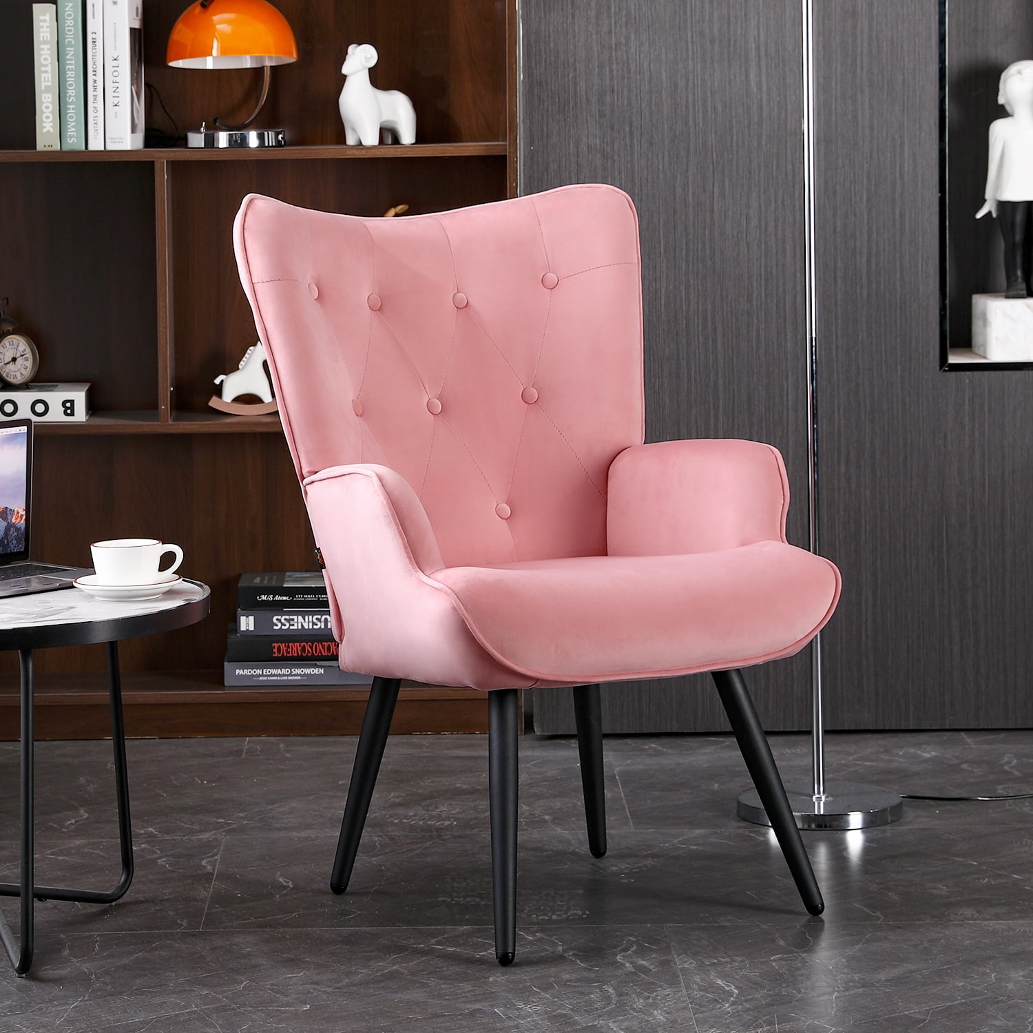Pink Velvet Modern Accent Chair Tufted Button Wingback Reading