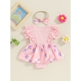 thumbnail image 3 of Baby Girl 2 Piece Outfits Floral Print Short Sleeve Ribbed Romper Dress with Cute Headband Set, 3 of 8