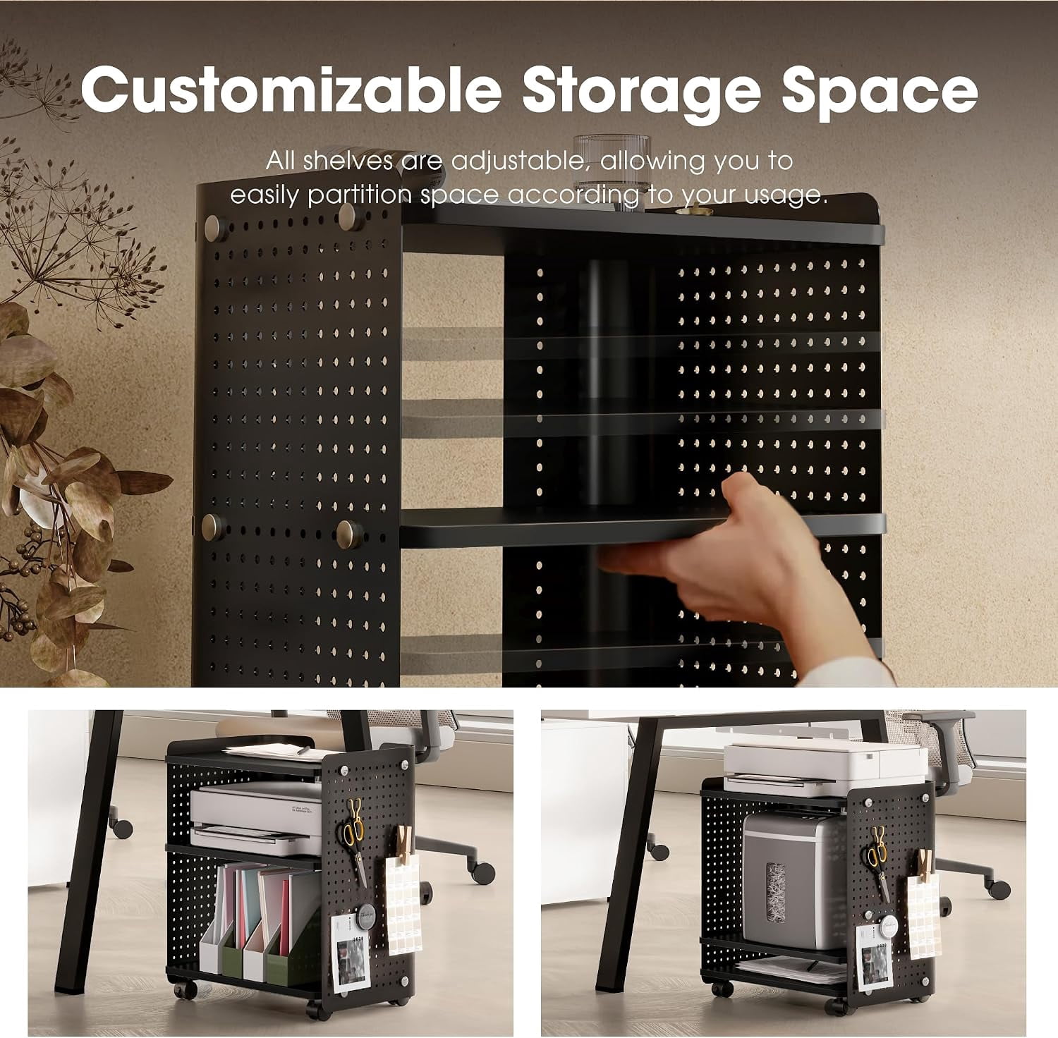 Fenge 3-Tier Rolling Printer Stand with Pegboard Storage, Black, 17.8 x 13.2 x 21.8 in