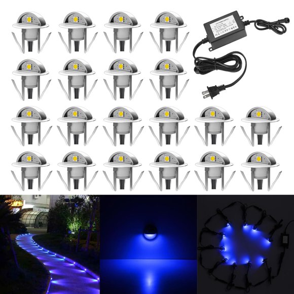 QACA Recessed LED Deck Light Kit, 20pcs 10Lm In Ground Outdoor Landscape LED Lighting for Stair Patio Garden Floor Corner Sauna Room Bathroom, Waterproof IP65, 12V Low Voltage, Blue