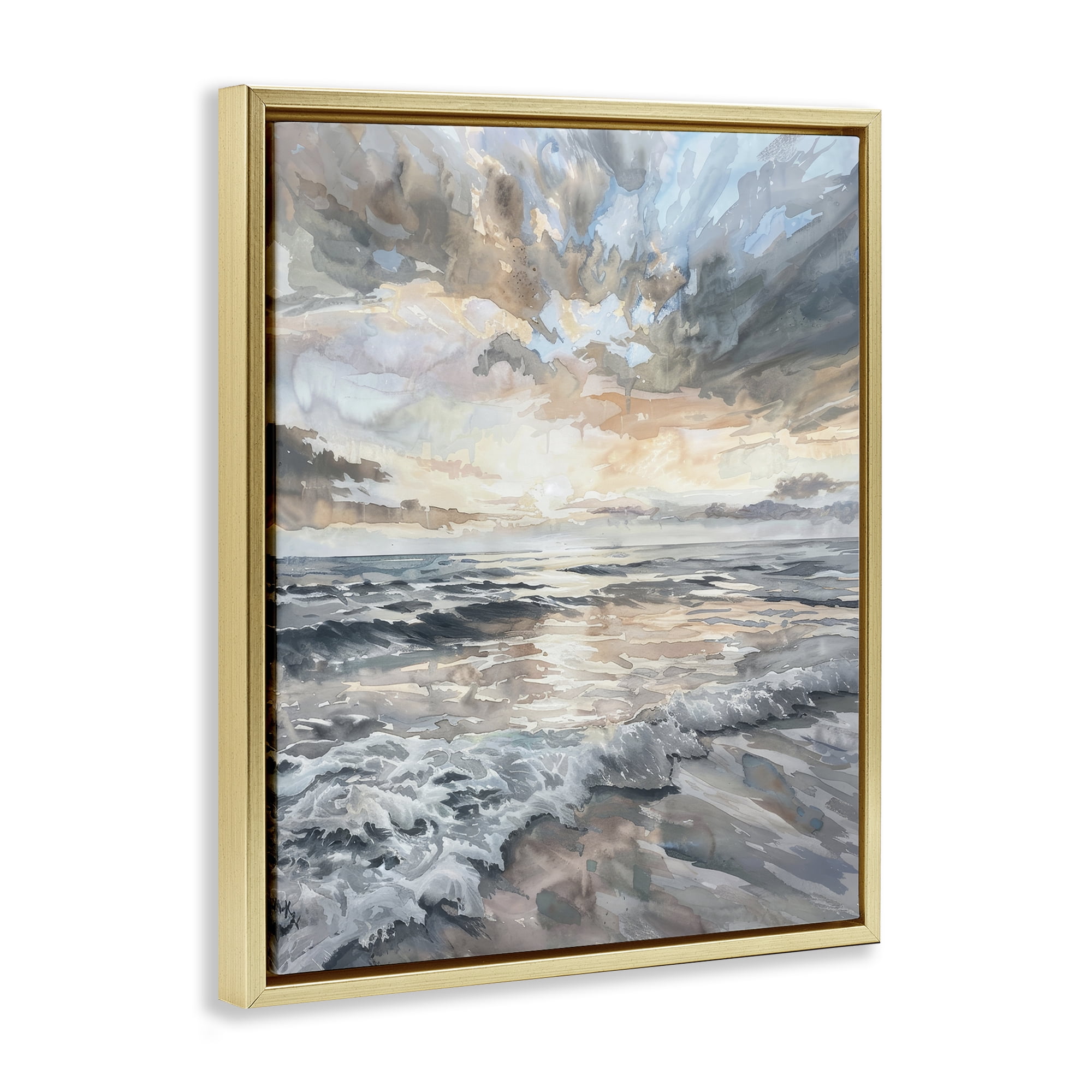 Stupell Industries Cloud Break over Sea Landscape & Nature Painting Gold Floater Framed Canvas Art Print Wall Art, 25 x 31