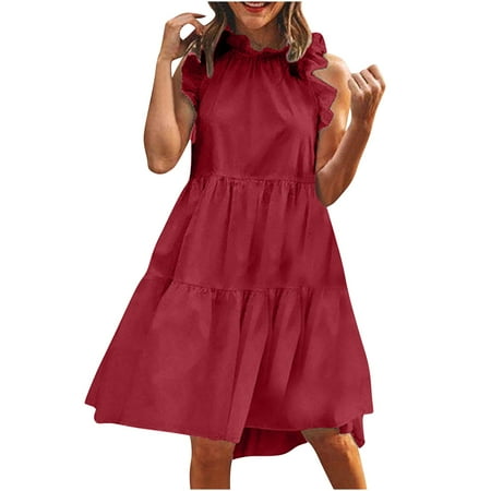 SMihono Summer High Collar Ruffle Dress for Women Classic Solid House Dress Ruffled Halter Neck Babydoll Pleated Swing Tiered Layer Loose Casual Beach Dress Backless Sleeveless Red