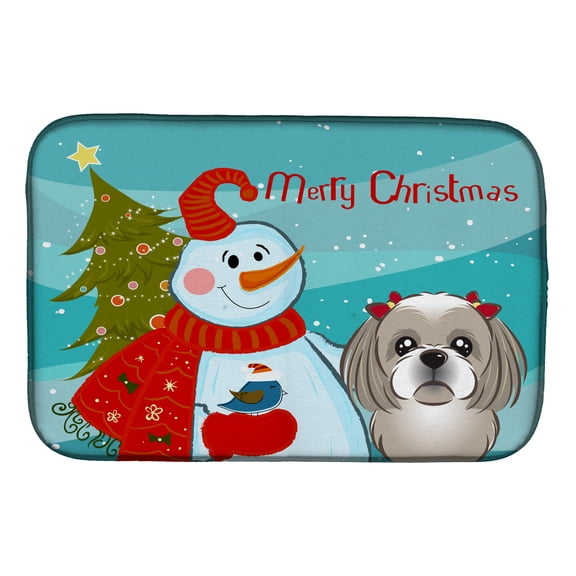 Snowman with Gray Silver Shih Tzu Dish Drying Mat