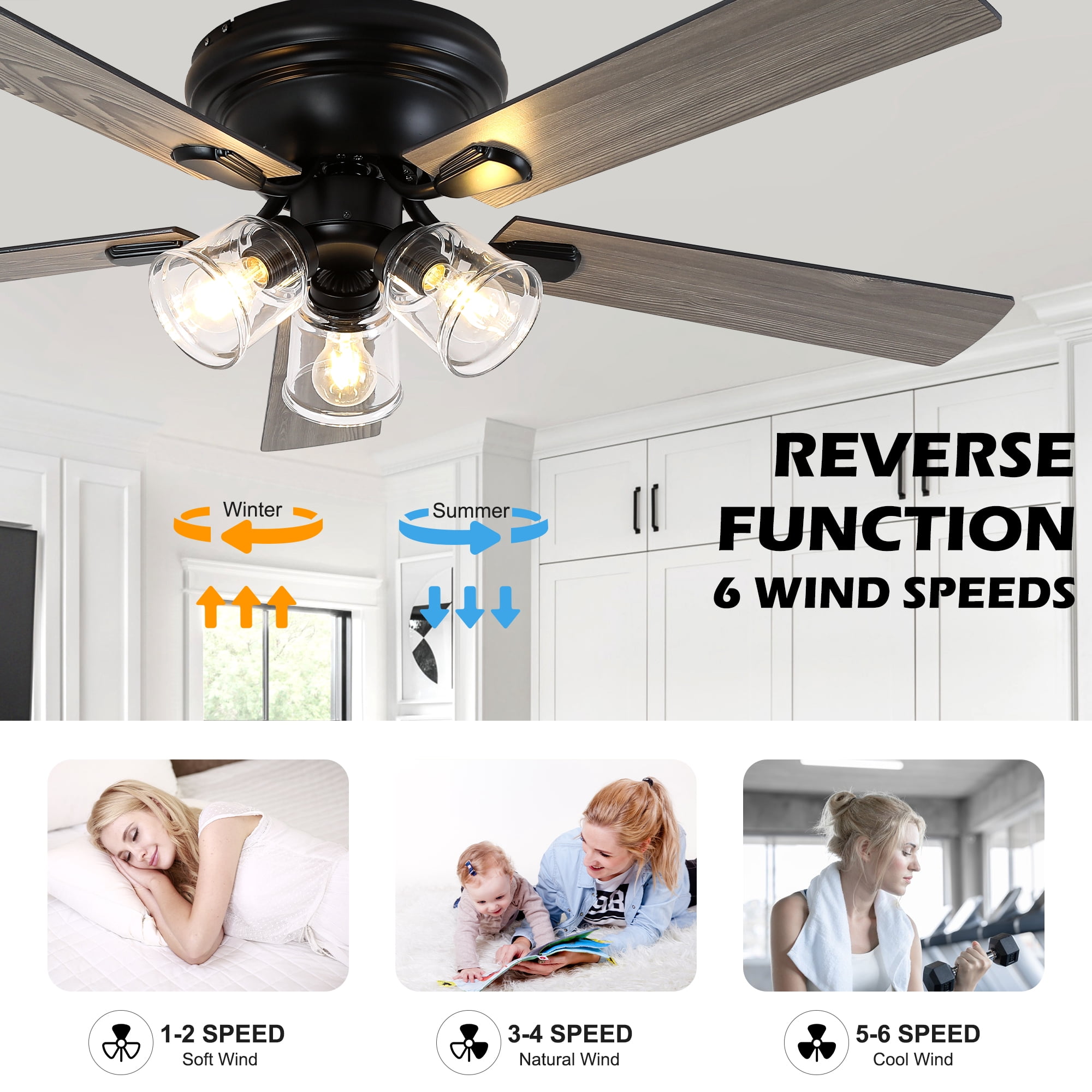 Chords Attic 52" Vintage 5-Blade Flush Mount Ceiling Fan with Lights and Remote Control, Rustic Farmhouse Ceiling Fan for Living Room, Dining Room,Bedroom
