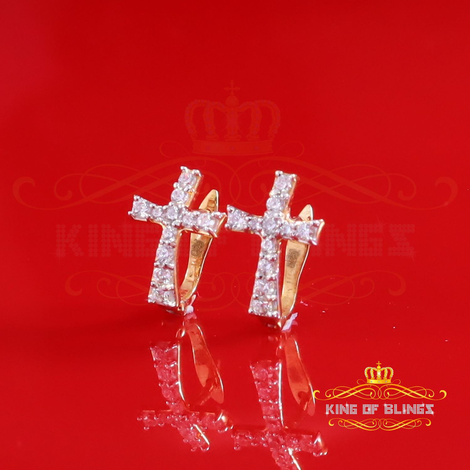 King of Bling's Moissanite 925 Silver Round Yellow Hip Hop Cross Stud Earring Men's/Women's