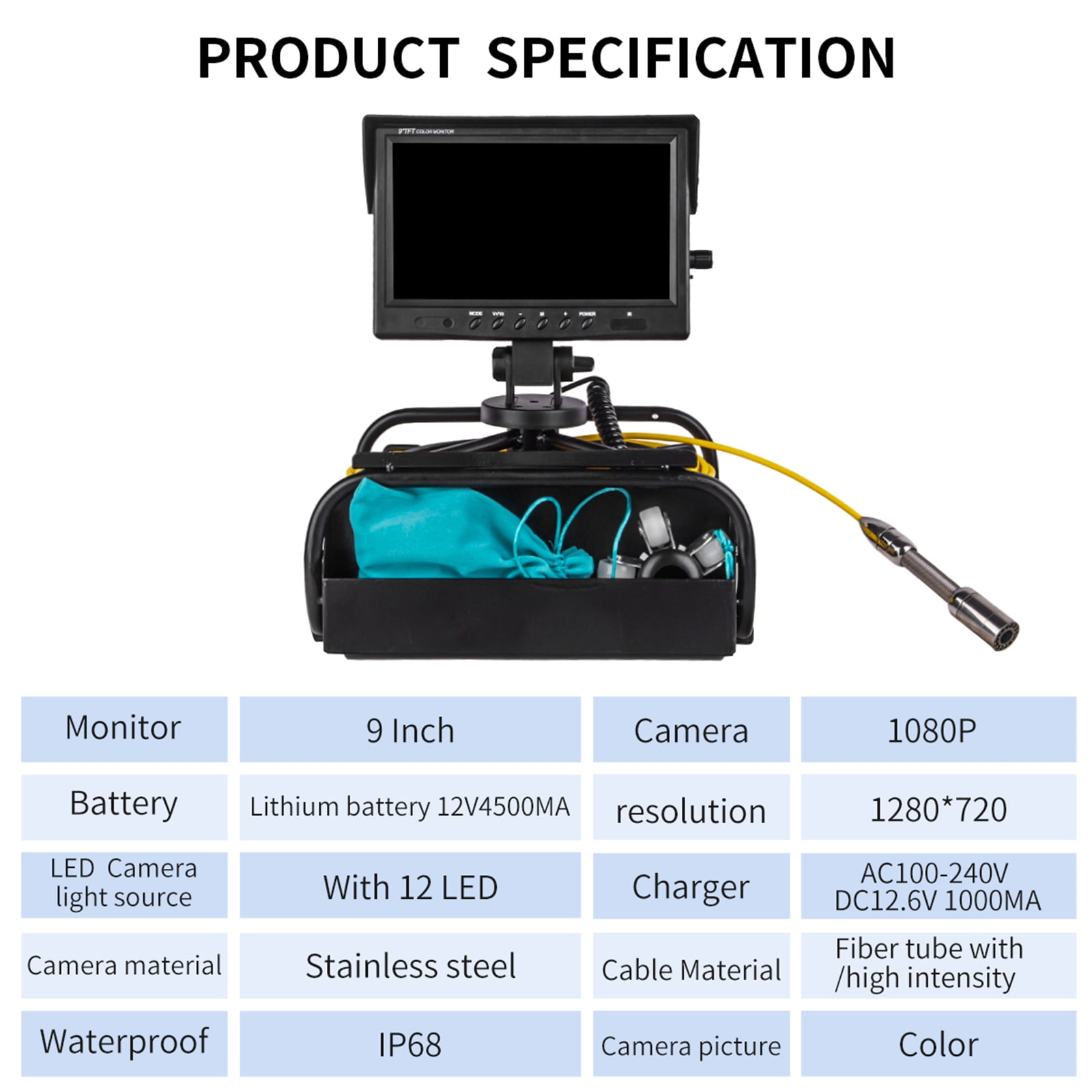 Eccomum Borescope, 9”Industrial  Camera with Light,1080P  Inspection Camera,IP68 Waterproof Snake Camera with 12 LED Lights,Scope Camera for Home/Pipe/Automotive(65.6FT/ 98.4FT/164FT)