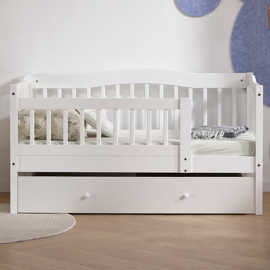 Ktaxon Toddler Daybed with Storage Drawers, Wood Kids Platform Bed Frame with Rails, No Box Spring Needed, Easy Assembly - White