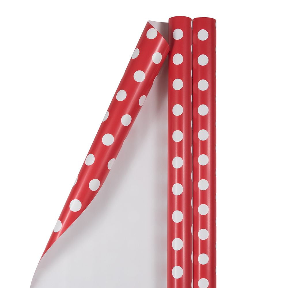 JAM Paper Polka Dot Wrapping Paper, 50 Sq. ft Total Red with White Dots, 2 Rolls