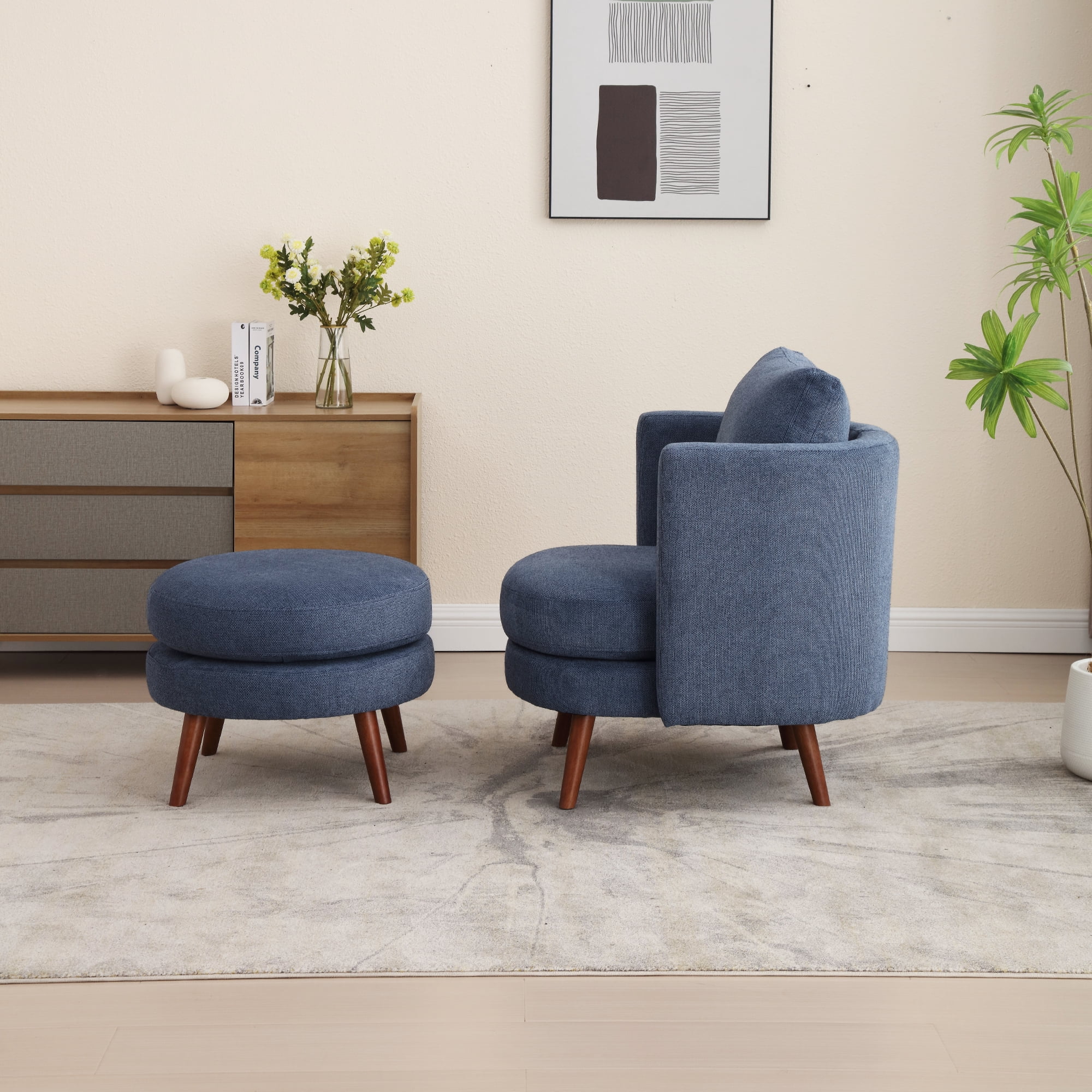 30.7"W Accent Chair with Ottoman,Upholstered Single Sofa with Throw Pillow & High Armrest,Comfort Reading Chair with Wooden Leg for Living Room Bedroom Dorm Room Office,Navy