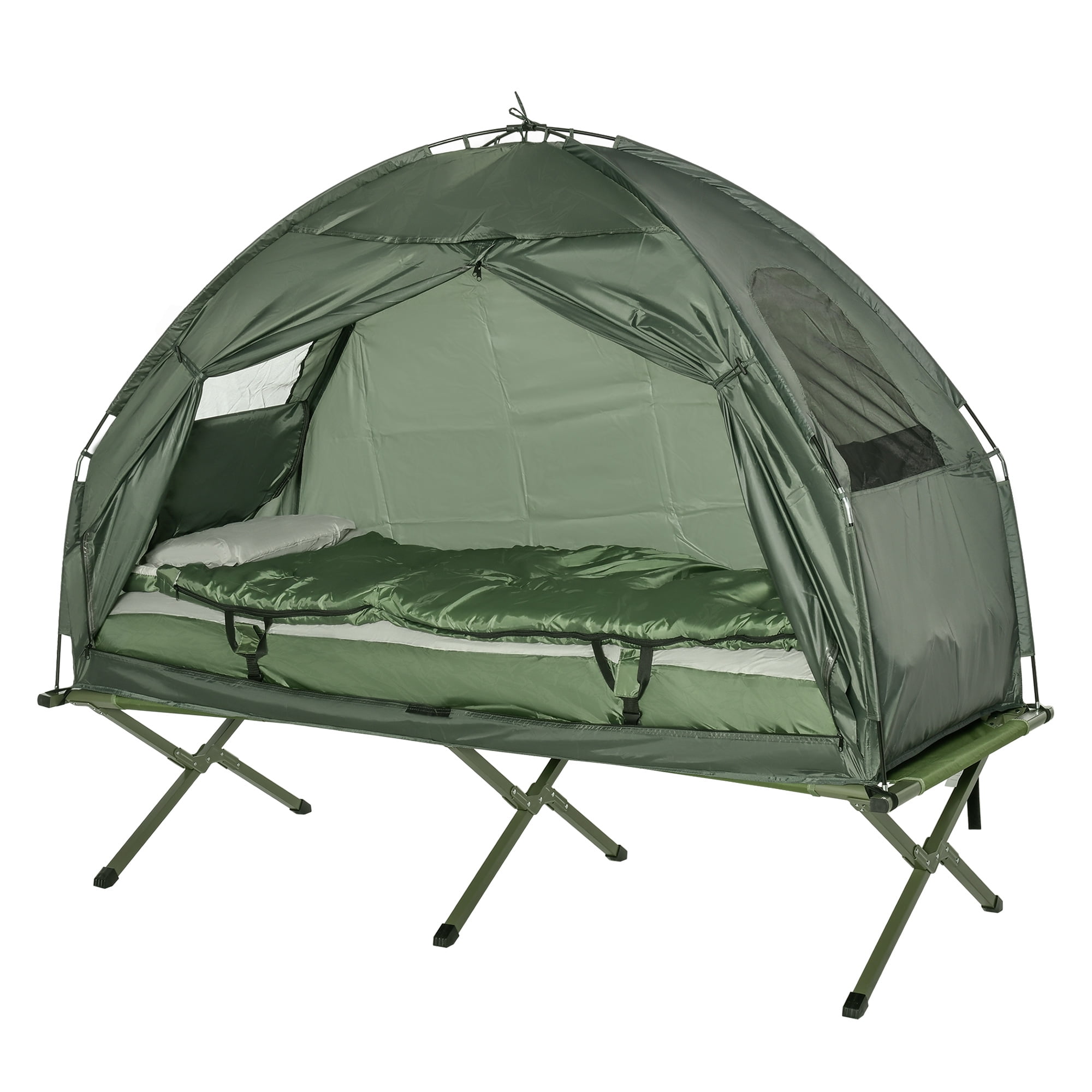 Elevated Camping Tent with Carry Bag for Outdoor Activity Hiking Moccha Folding Camping Tent Cot with Sleeping Bag and Air Mattress Picnic 