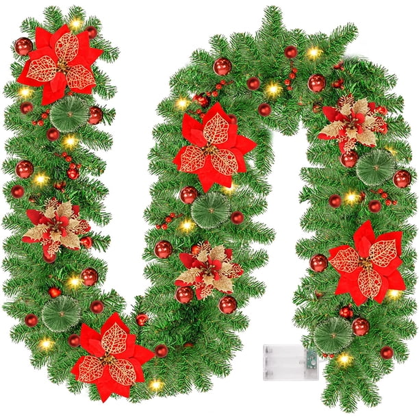Guirnalda navideña de 2,7 m con luces - Guirnalda de árbol con luces a batería - Guirnalda navideña Guirnalda navideña Decoración navideña para escaleras interiores y exteriores Balcón