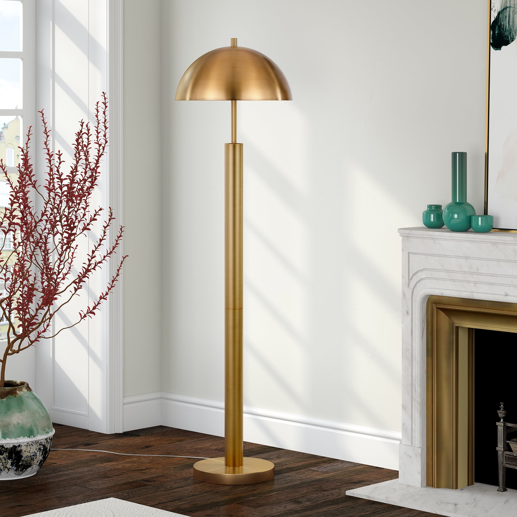 Evelyn&Zoe York 58" Tall Floor Lamp with Metal Shade, Brass/Brass
