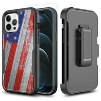 TJS Phone Case for iPhone 12 Pro/iPhone 12 Case with Tempered Glass Screen Protector, Belt Clip Holster Heavy Duty Rugged Shockproof Full Body Protection Cover (USA Flag)