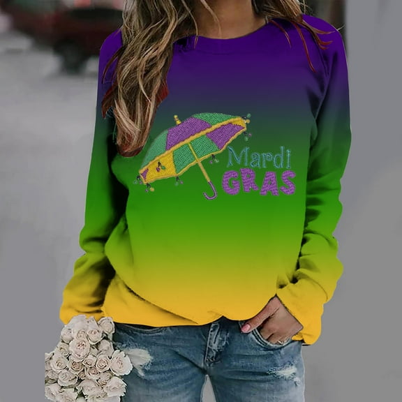 Lilgiuy 2024 Mardi Gras Shirt for Women Carnival Themed Outfit Party Mask Graphic Long Sleeve Tunic Tops Crewneck Parade Blouse Tshirt for School College Library