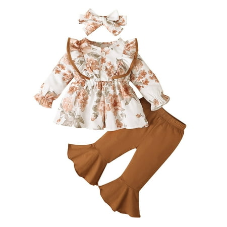 

Newborn Infant Baby Girls Outfit Set Cotton Floral Autumn Long Sleeve Pants Ruffle Tops Bell Bottom Heabands Set Baby Clothes