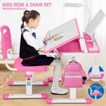 COSVALVE Height Adjustable Kids Desk and Chair Set School Children Study Table Boy Girl Gift with Writing Boad,LED Lamp,Drawer,Bookstand(Pink)