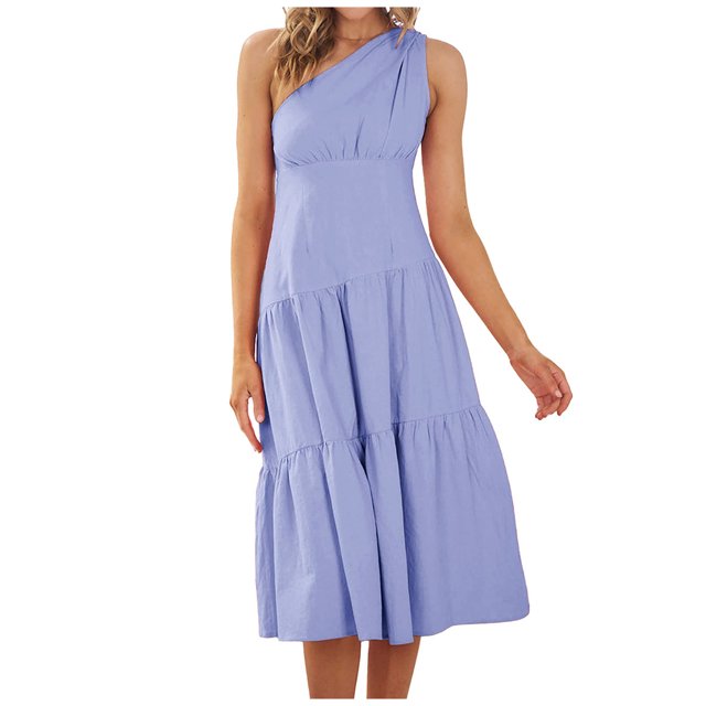 Birdeem Womens Summer Casual One Shoulder Sloping Shoulders Sleeveless Solid Color Ruffle Hem Flowy Pleated Long Dress