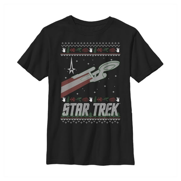 Boy's Star Trek USS Enterprise Ugly Christmas Sweater  Graphic Tee Black X Large