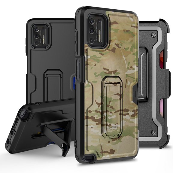 ANJ  Rugged Hybrid Shockproof Case w/Kickstand   Holster Clip Card Slot Cover for Motorola Moto G Stylus (2021 Release) - Swamp Camo