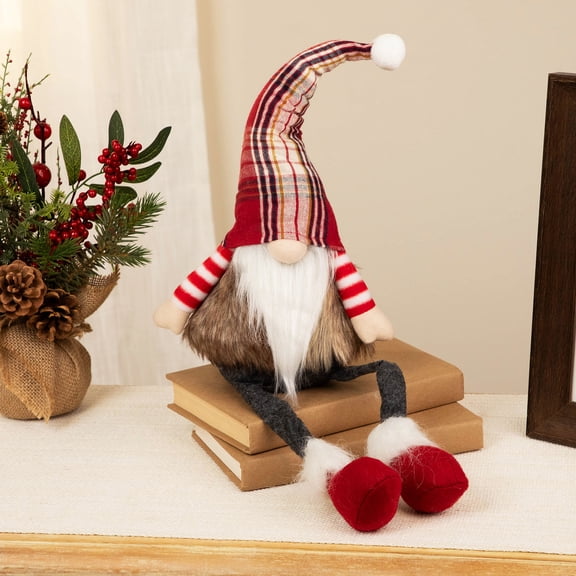 Plaid Gnome with Dangling Legs Christmas Figure - 20.5" - Red, Gray and White