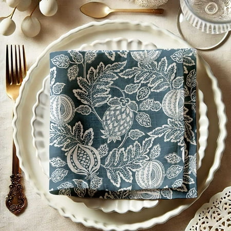 

Vargottam Elegant Pomegranate Foliage Print on Blue Cotton Muslin Napkins - Set of 12 20x20 Inches Luxurious Self-Check Texture Perfect for Upscale Dining Weddings and Events - Machine Washable