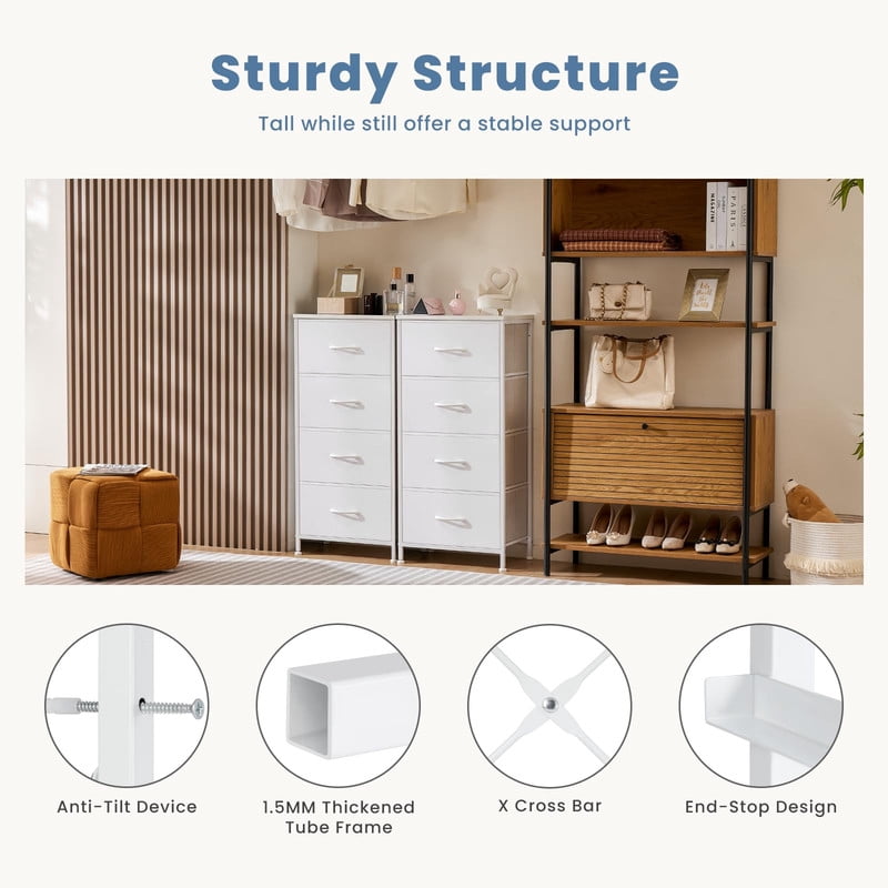 Simple Deluxe 4-Drawer Fabric Dresser, Storage Tower Organizer with Steel Frame and Wood Top for Bedroom, Entryway, White