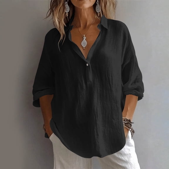Baeitkot Women's Long Sleeve Linen Shirt Women's Solid Color Long Sleeve Button-Front Linen Shirt with Classic Collar Casual Blouse Black S
