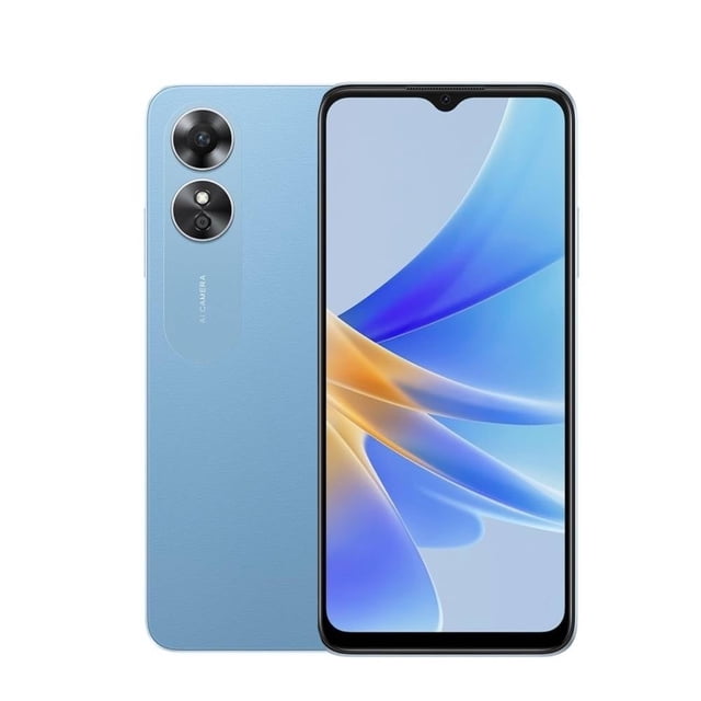 Smartphone Oppo A17 Azul 64 GB Telcel con vista frontal y trasera, pantalla con notch en forma de gota y carcasa azul texturizada. Cuenta con doble cámara trasera AI, batería de 5000 mAh, 4 GB de RAM con ampliación y almacenamiento expandible hasta 1 TB, ideal para uso diario y aplicaciones exigentes.