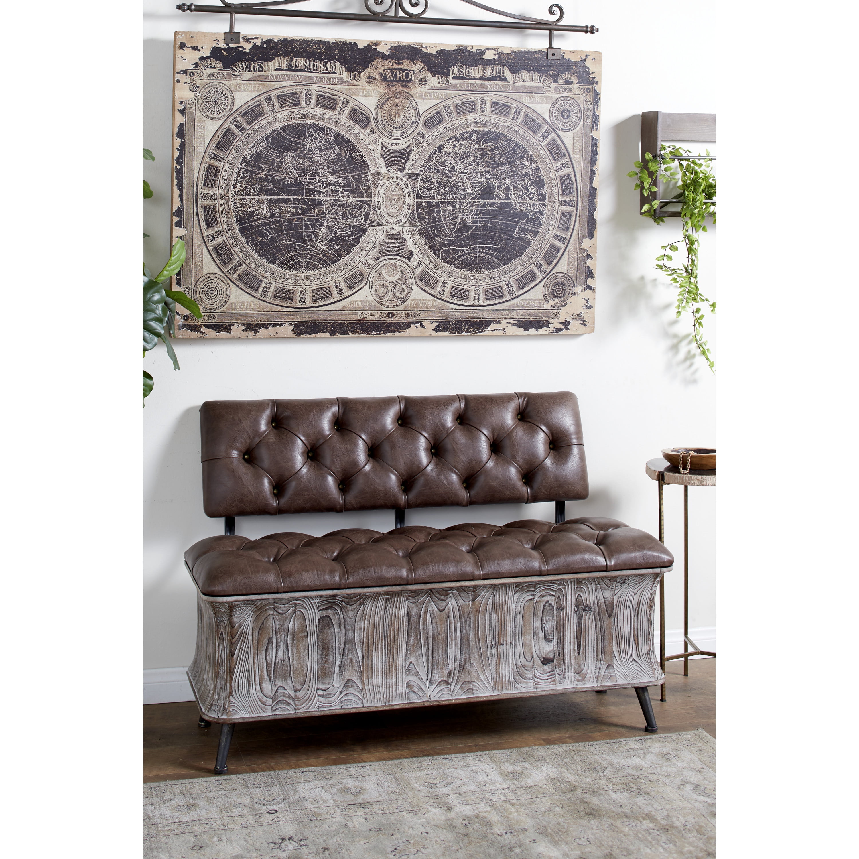 DecMode Wood Storage Bench with Tufted Faux Leather Seat and Back, Brown