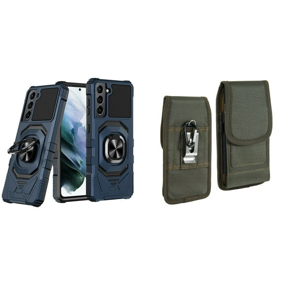 Case with Belt Holster Bundle for Samsung Galaxy S22  Plus: Heavy Duty Shield Cover (Blue) and Vertical Rugged Nylon Phone Pouch (Midnight Green)