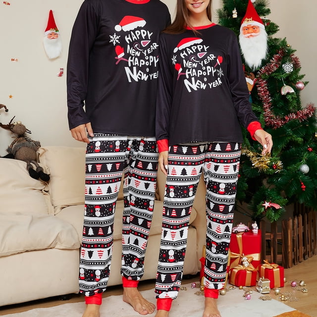 Conjunto de ropa de dormir navideña Ropa de hogar cómoda con estampado de letras/muñeco de nieve/árbol para niños y adultos