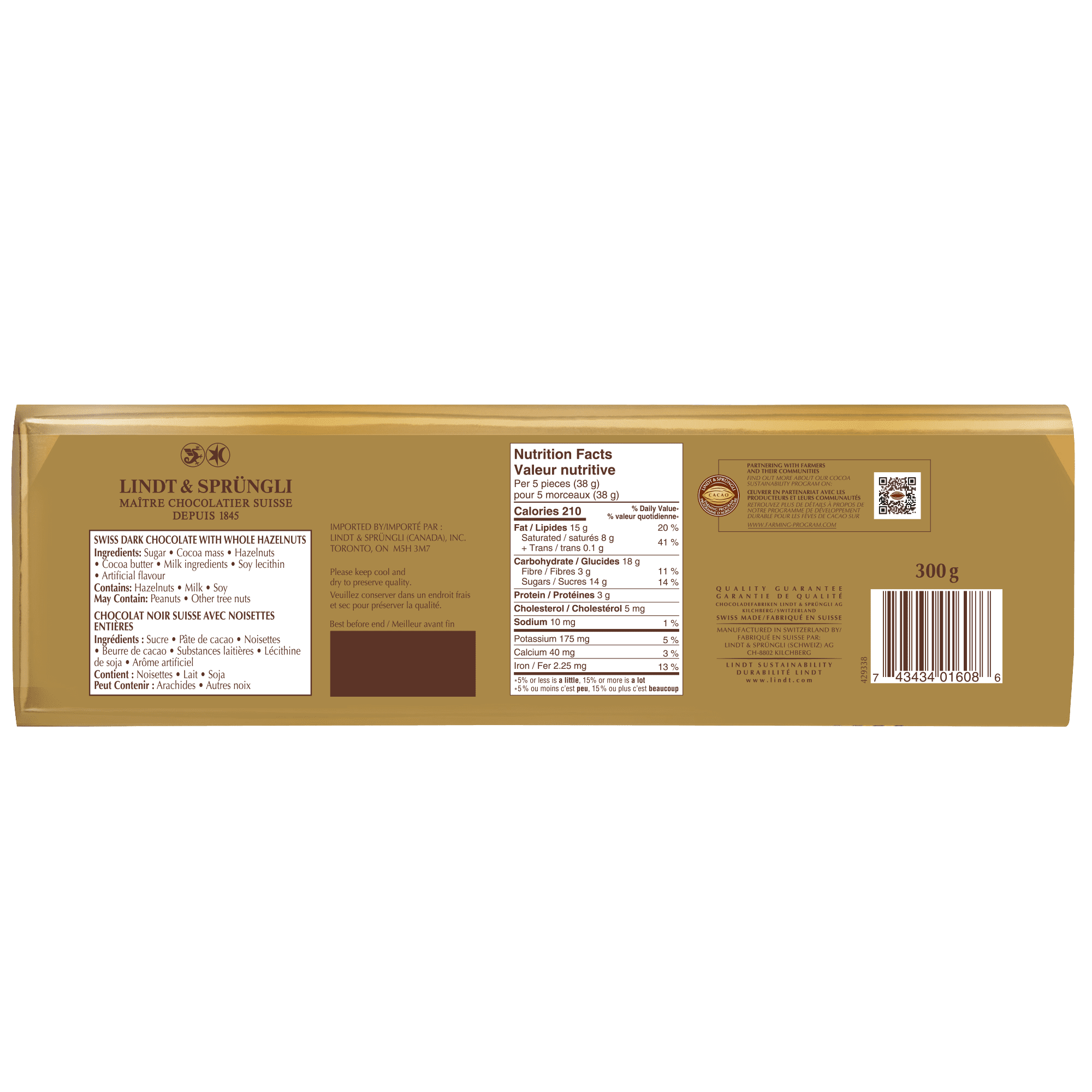 Lindt SWISS CLASSIC Dark Chocolate and Hazelnut Bar, 300g