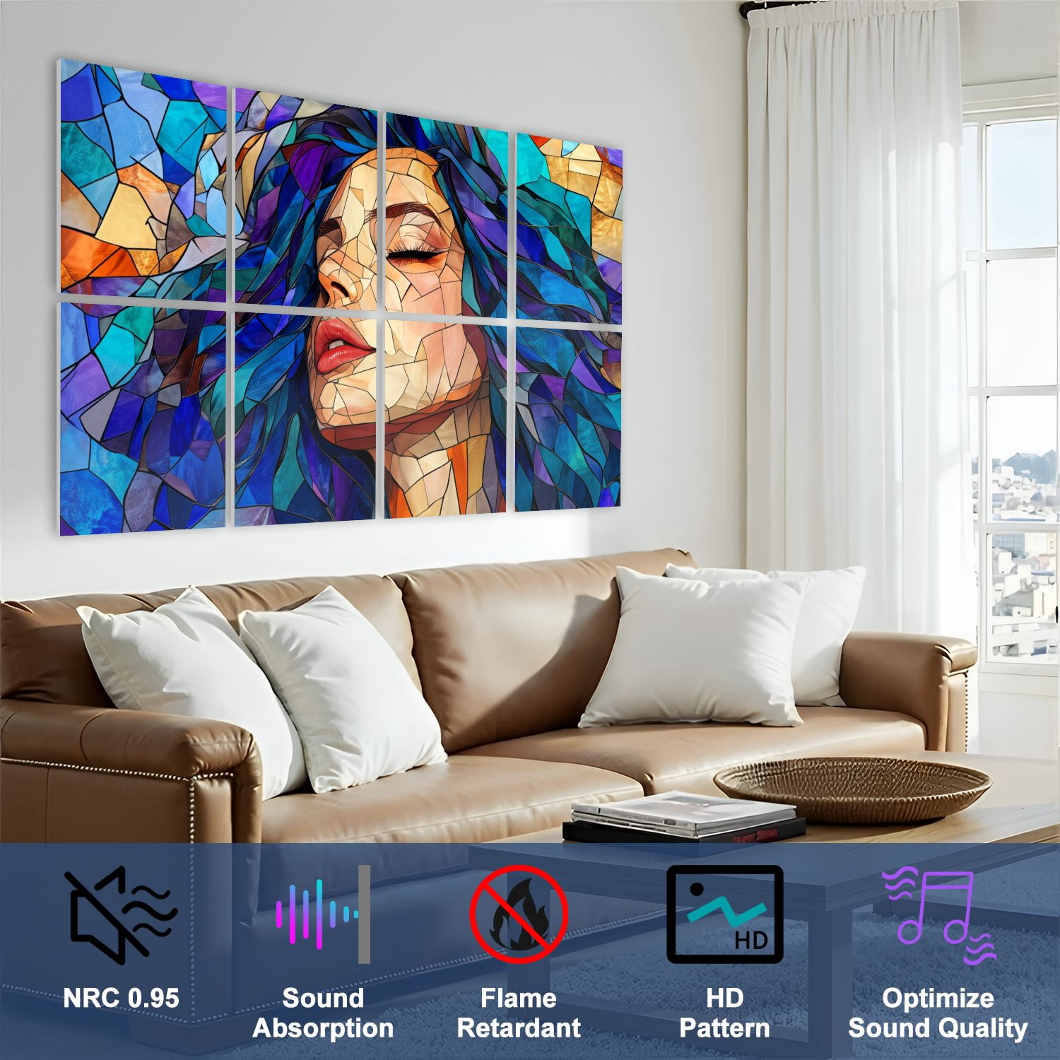 Stained Glass Style 8 Pack Art Acoustic Panels Sound Absorbing Portrait Woman Blue Hair Decorative Soundproof Wall Panels Self Adhesive for Nursery Game Room Bedroom 48"x32"