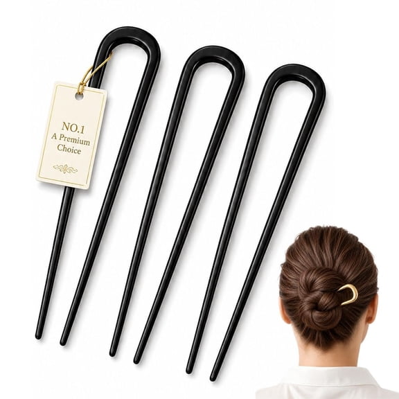 French Twist Hair Pins, U-Shaped, 3.5in, 6-Pack