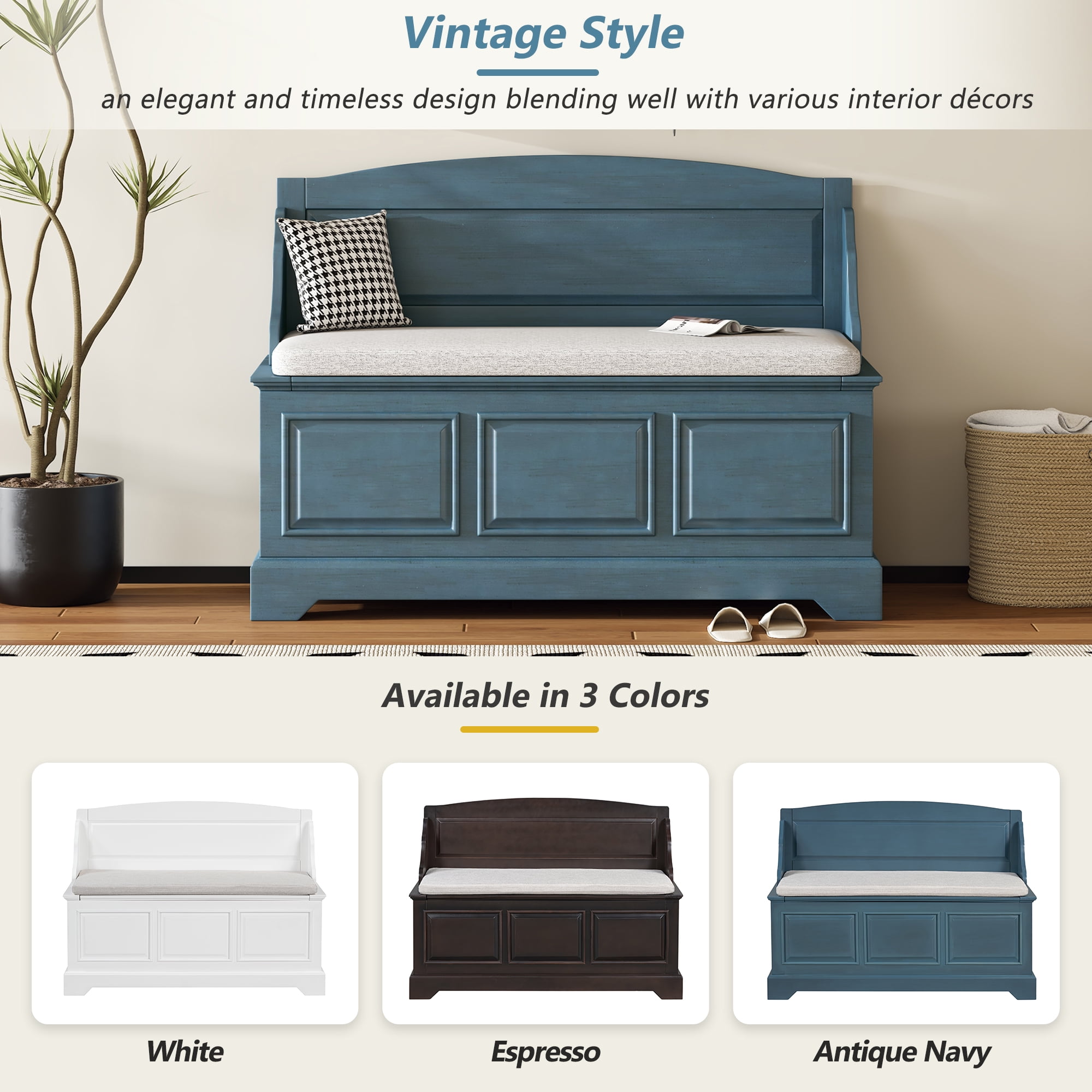 Euroco Vintage Wooden Shoe Storage Bench with Cushion, Carved Panel Design, Lift-Top Compartment, Entryway Seating