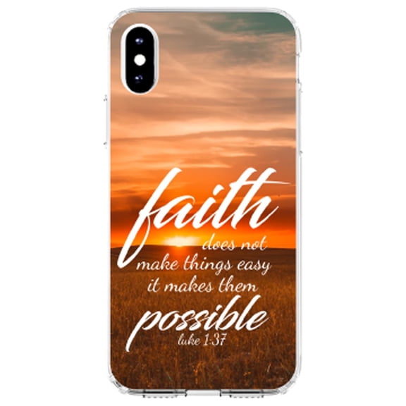 DistinctInk Clear Shockproof Hybrid Case for iPhone X / XS (5.8" Screen) - TPU Bumper, Acrylic Back, Tempered Glass Screen Protector - Luke 1:37 - Faith Does Not Make Easy, It Makes Possible
