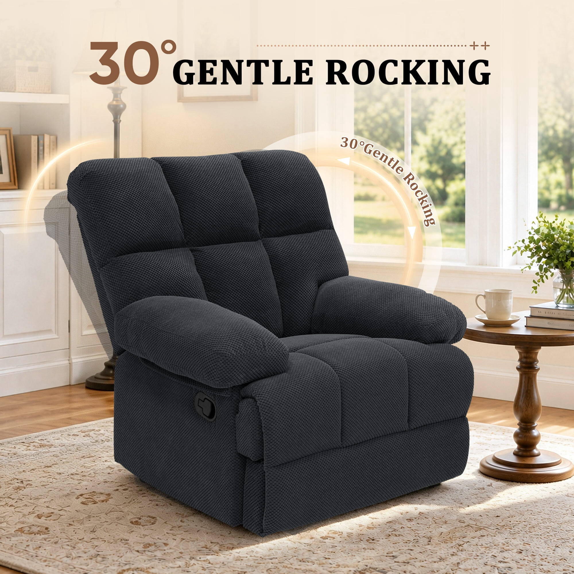 Lunale Manual Rocker Recliner for Home/Office, Adults Fabric Reclining Lounge Chair with Footrest, Gray Polyester