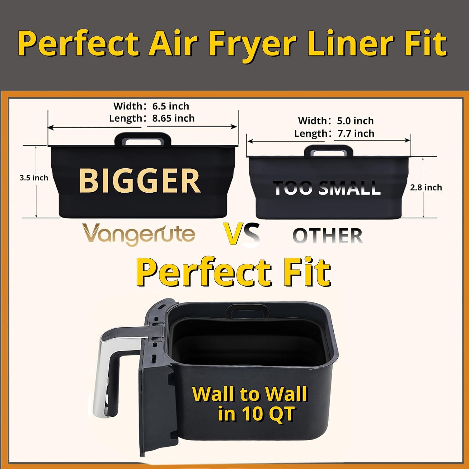 JJEAN-Collapsible 2-Pack Air Fryer Silicone Liners for 10QT NINJA Foodi Dual, Reusable Rectangular Silicone Basket Pot for Air Fryer Accessories (Black)