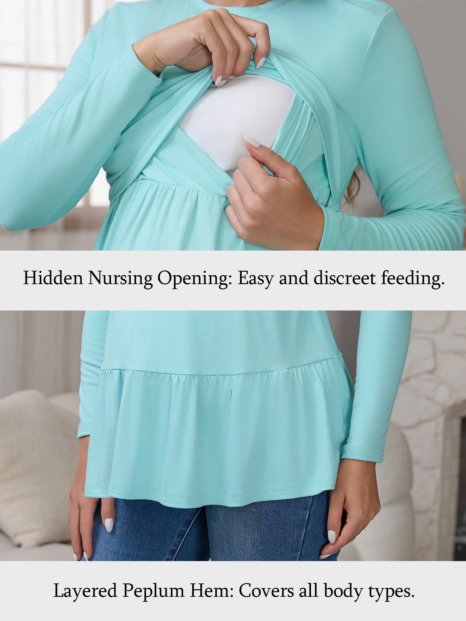 DARING DIVA Women's Nursing Breastfeeding Long Sleeve Tiered Pumping T-Shirts XL Blue